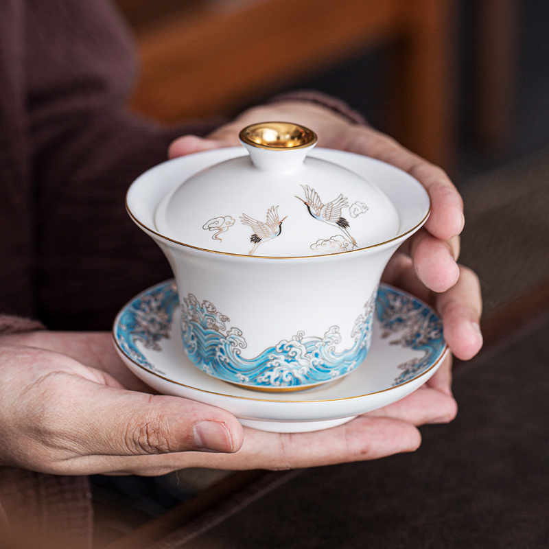 領藝 祥鹤观海德化白瓷三才盖碗茶杯陶瓷家用单个手抓大号泡茶碗羊脂玉茶具礼盒装 祥鹤观海玉砌盖碗(素烧釉)