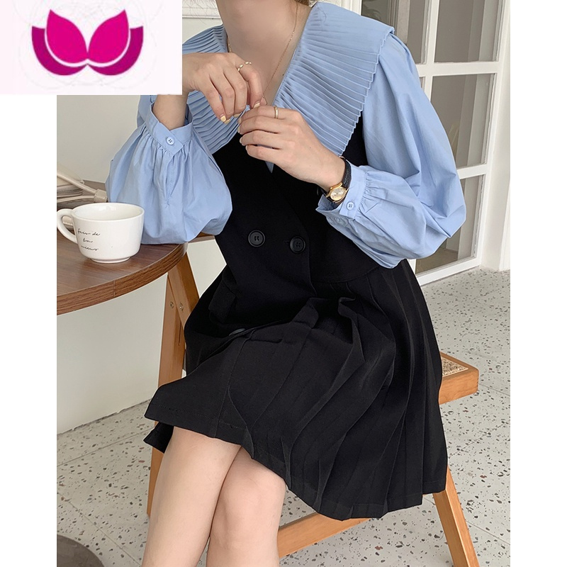七斓春季新款女装套装活泼俏皮马甲衬衫套女百褶裙西装连衣裙