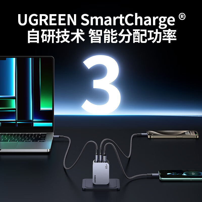 绿联65W三口氮化镓快充充电器 PD快充头[65W 2C1A氮化镓]深空灰 X755(25263)高清大图