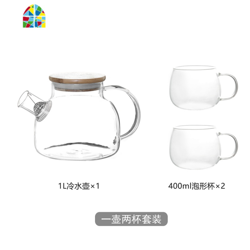 滋本家日式耐热防爆玻璃冷水壶大容量家用花茶壶水杯套装凉开水壶 FENGHOU 矮款玻璃壶套装(1壶2杯)凉水壶