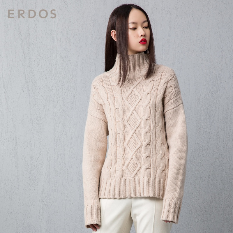 ERDOS 通勤简约半高领纯色山羊绒绞花针织女羊绒针织衫保暖舒适