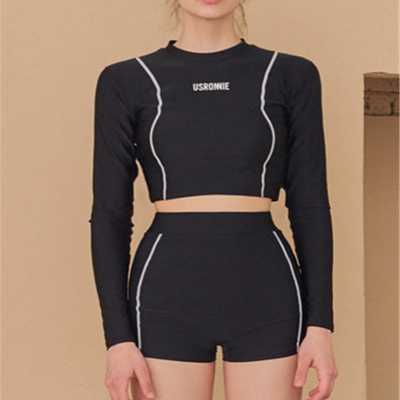 客泳衣女夏保守分体长袖防晒平角高腰遮肚学生韩版泳装女士分体泳衣