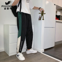 富贵鸟(FUGUINIAO) 19夏季薄款撞色拼接印花字母男女同款嘻哈潮流束脚宽松百搭休闲裤