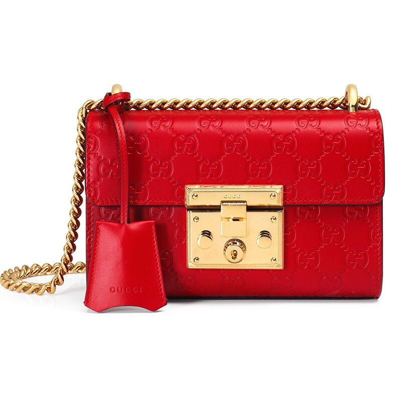 [海外直邮]gucci 古驰女包padlock系列红色压纹链条锁扣女士小号斜挎
