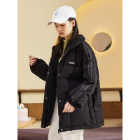 [直降价332元]唐狮冬季新款黑色羽绒服女韩版短款立领拼接仿羔毛外套时尚潮
