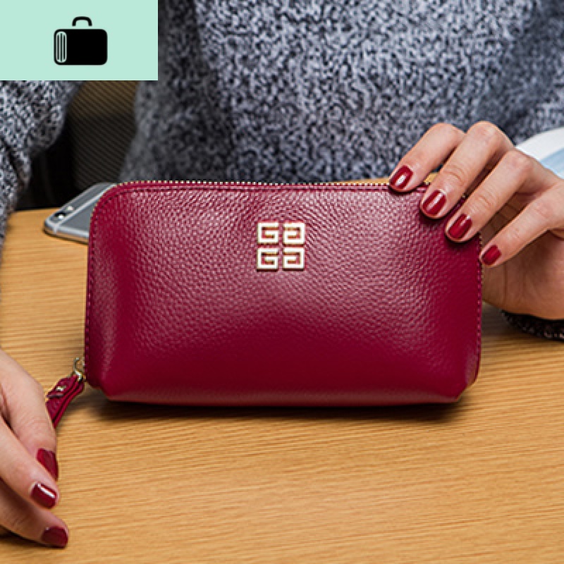 真皮手拿包女2020新款时尚长款零钱包妈妈小包可放手机大容量手包NEWLAKE 酒红色