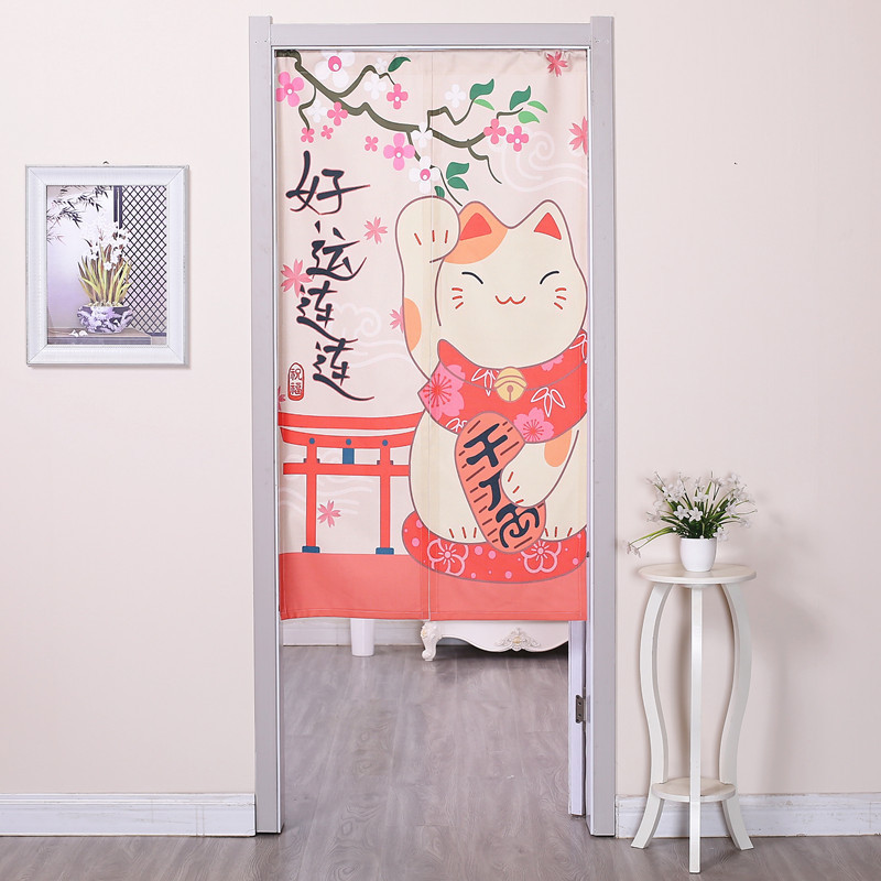 定制棉麻帘布艺卡通招财猫卧室厨房隔断帘半帘布帘风水帘装饰帘