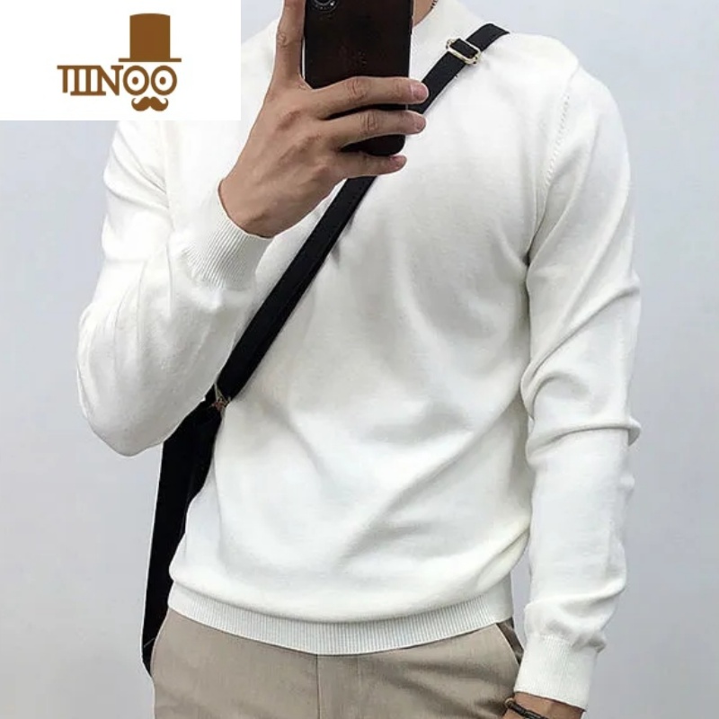 YANXU2023款圆领毛线衣男士韩版潮流百搭纯色修身毛衣针织打底衫男高清大图