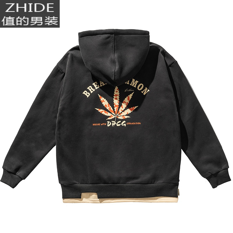 SUNTEK辰未春秋新款假两件连帽卫衣男加绒港风枫叶印花套头上衣外套学生卫衣
