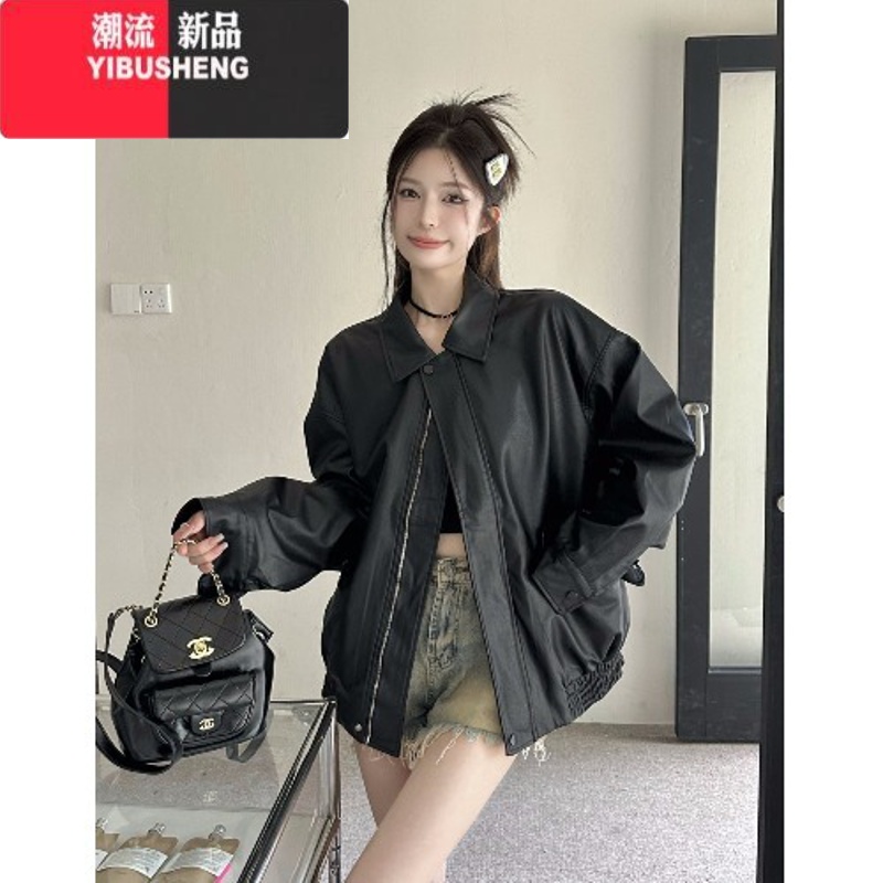 YIBUSHENG美拉德穿搭咖色PU皮衣外套女早初春高级感小个子港风夹色U春 M 黑色美拉德穿搭/外套女2023新款爆款/早初春秋季/今年流行