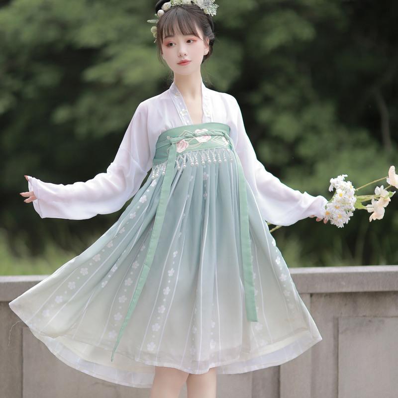 云麓集春雨烟齐胸襦裙套装日常汉服女短款汉元素女刺绣印花春夏款 春雨烟套装 S