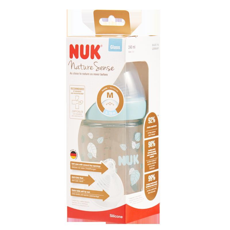 特惠清仓 NUK240ML自然母感宽口玻璃奶瓶(成长型硅胶中号) 颜色随机