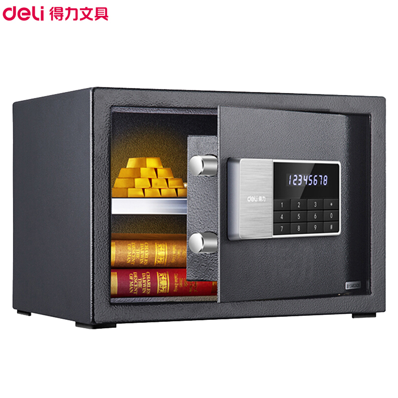 得力(deli)92619电子密码保管箱(黑色) 高25cm办公家用防盗小型隐形保管柜 入墙床头柜