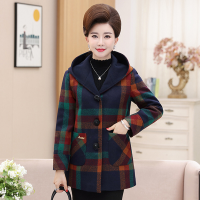 迪鲁奥（DILUAO)轻奢品质中老年女装秋冬款格子毛呢外套女2019新款妈妈装冬季连帽呢子大衣_939 藏青色 2XL