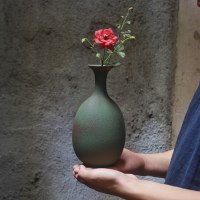 不梵手工创意日式禅意复古做旧磨砂绿陶艺花瓶插花摆件客厅装饰品