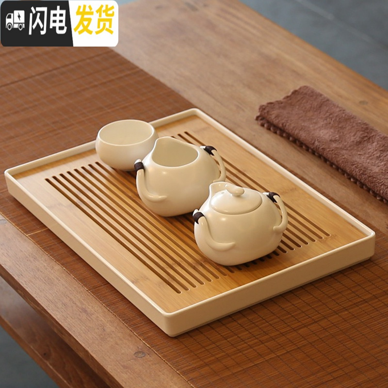 三维工匠竹制茶盘家用简约日式现代茶具茶台储水式密胺干泡台茶海茶托盘 竹圆日式风[黑色]