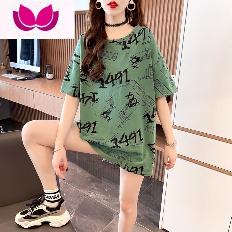 七斓2022夏季新款韩版字母印花短袖t恤女大码女装宽松显瘦中长款上衣图片