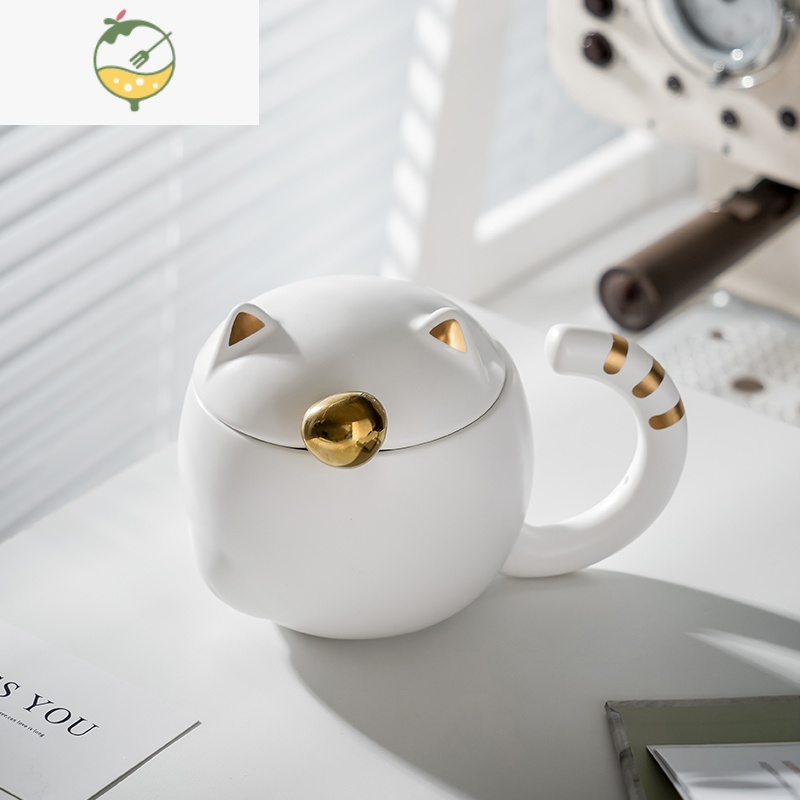 yicheng创意猫咪陶瓷杯子设计感小众马克杯带盖勺简约家用情侣水杯