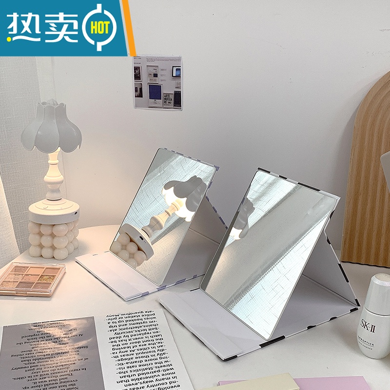 敬平网红ins风镜子化妆镜折叠家用小型便携学生宿舍台式桌面梳妆镜 黄色纹 升级全面屏便携式用镜高清大图