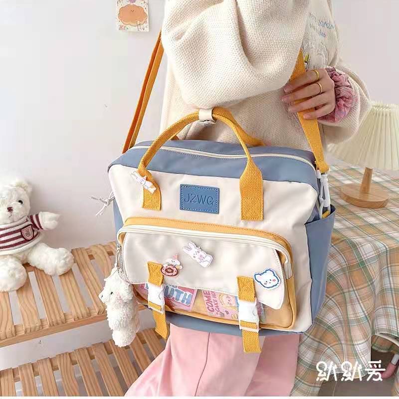 韩国ins学院风两用书包女日系可爱卡通学生森系大容量手提斜挎包 蓝色[斜跨版标准款] 裸包