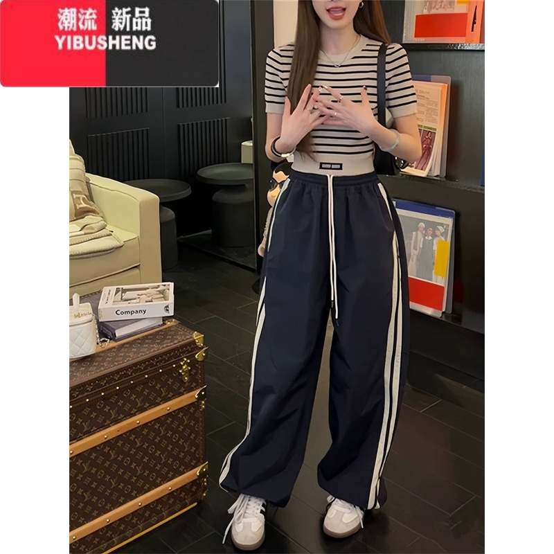 YIBUSHENG美式复古侧边条纹休闲裤女季直筒卫裤宽松显瘦阔腿运动速干裤子 藏青色 M