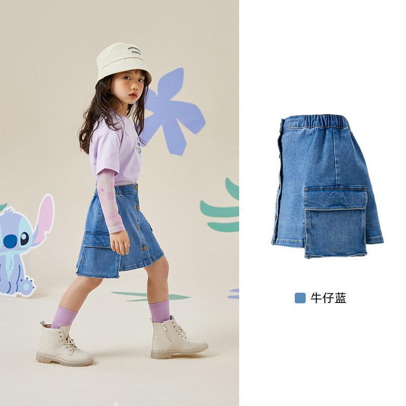 moomoo童装女童牛仔半裙2021春秋新款洋气儿童轻薄清爽工装半裙_744 100cm(110/50) 牛仔浅蓝