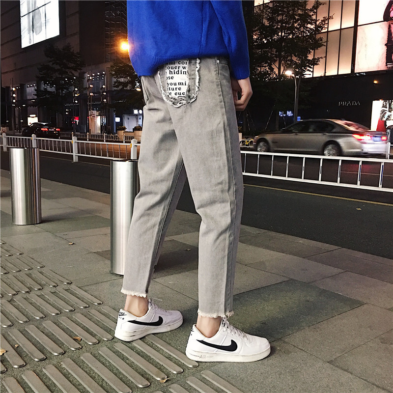 毛边牛仔裤男宽松韩版刺绣bf风阔脚直筒九分裤子男生百搭学生灰色8081