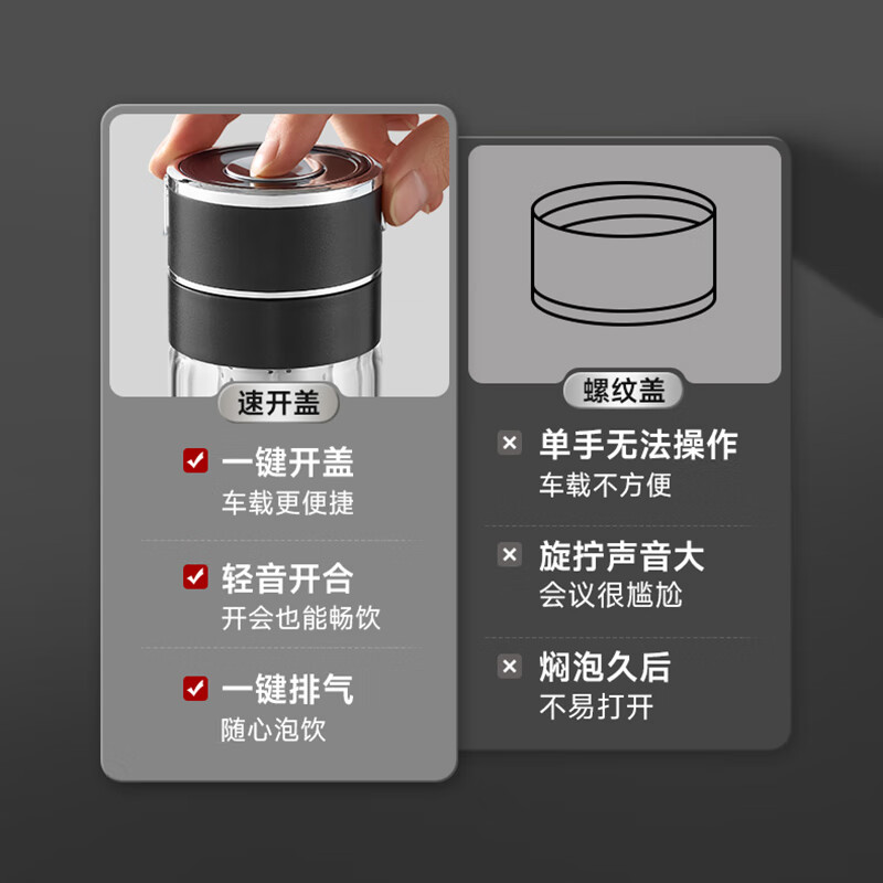 苏泊尔一指秒开茶水分离玻璃杯350ML.行砚黑/KCG35BU10//24/O高清大图