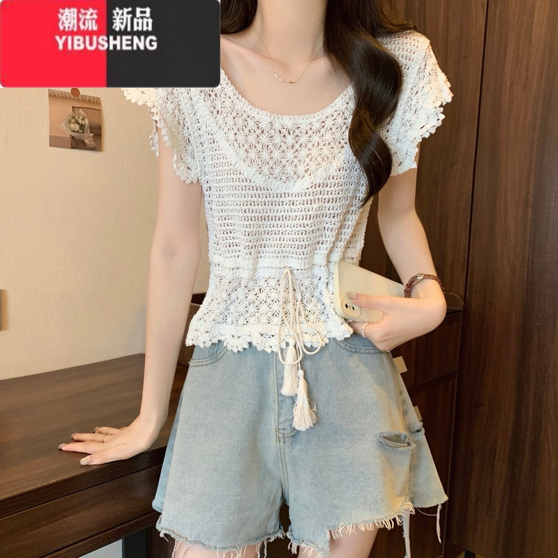 YIBUSHENG波西米亚民族风钩花镂空冰丝针织短袖t恤女季防晒罩衫甜辣上衣