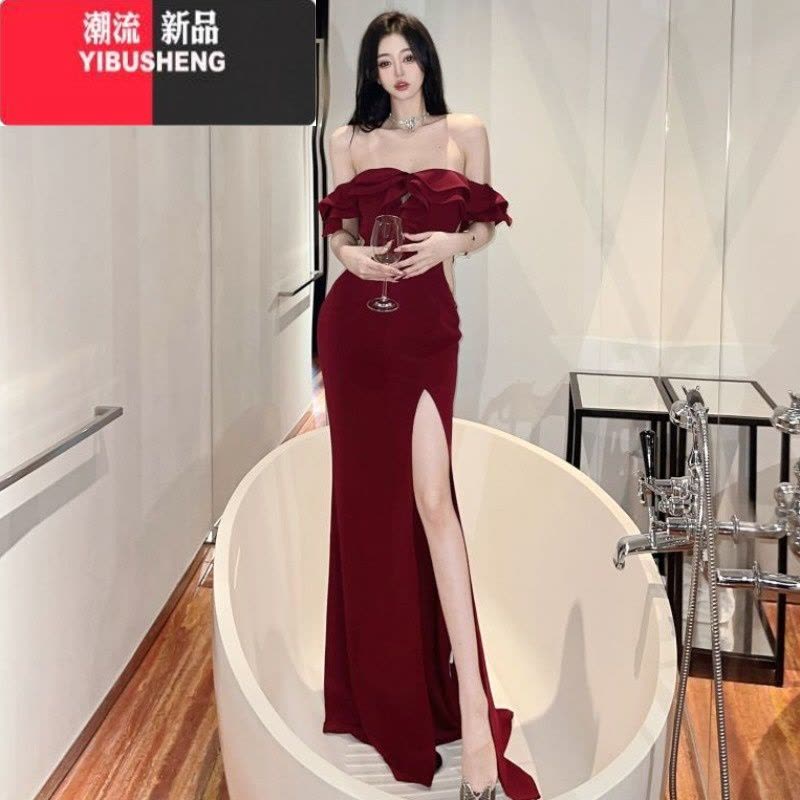 YIBUSHENG性感一字肩连衣裙长裙女季荷叶边气质名媛高开叉晚礼服裙高级感图片