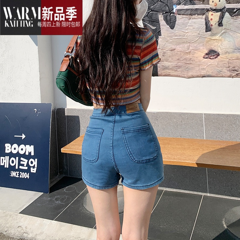 SHANCHAO高腰牛仔短裤女2023夏季新款休闲超弹热裤舒适辣妹紧身显瘦