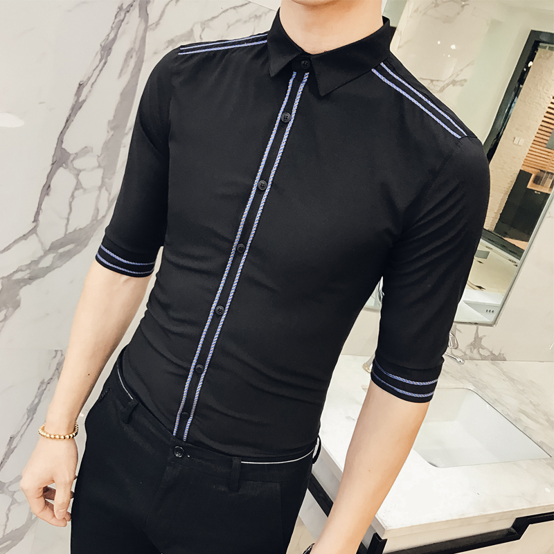 清新纯色七分袖衬衫男帅气韩版修身中袖衬衣型师会所工作服短袖