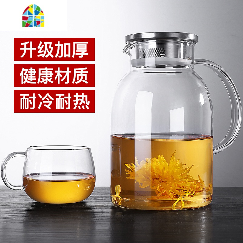 玻璃冷水壶夏季耐热高温家用凉白开水瓶带杯子套装透明水具扎壶大 FENGHOU 2200ML-4个杯子+茶盘凉水壶