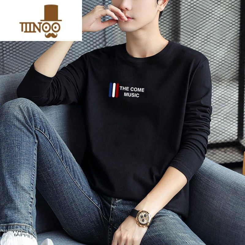 YANXU长袖t恤男士2023新款潮流大码男装潮牌体恤衫圆领内搭秋衣 2XL建议135-150斤 黑色音乐长袖