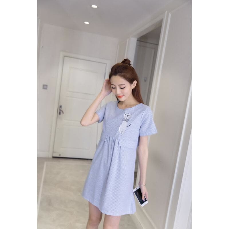 迪鲁奥(DILUAO)LYL 孕妇装夏 孕妇连衣裙短袖宽松大码可爱秀花条纹印花孕妇连衣裙孕妇裙B31-23 天蓝色 均码图片