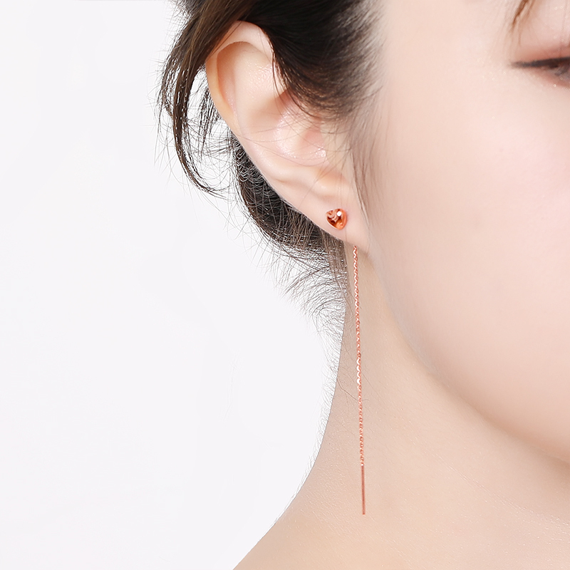 梦金园18k金耳线彩金750玫瑰金爱心耳钉耳坠耳环耳饰女