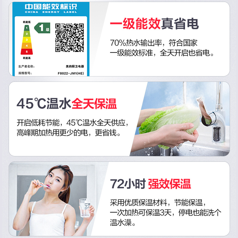 美的60升电热水器智能控制2500W速热 一级能效 升级镁棒免换 72小时低耗保温 健康抑菌F6022-JM1(HE)