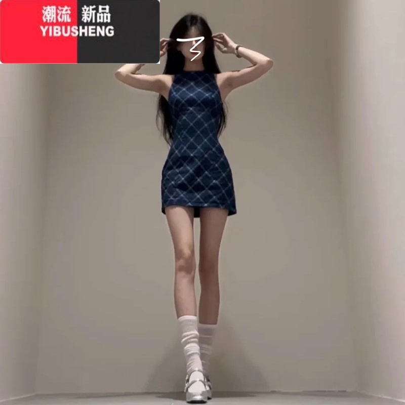 YIBUSHENG性感甜辣妹格纹无袖连衣裙子季新款修身显瘦设计感小众A字短裙 格子裙大方得体的裙子/简单大方/厅里厅气/小众设计师/钓系约 40/45kg/S