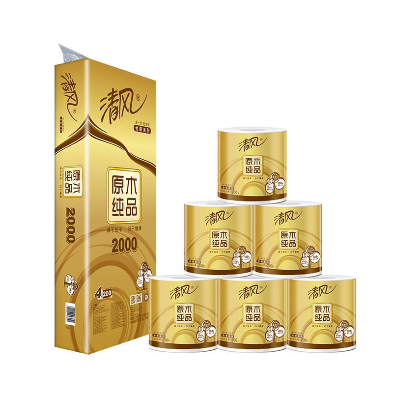 清风原木纯品金装4层200g卷纸10卷/提