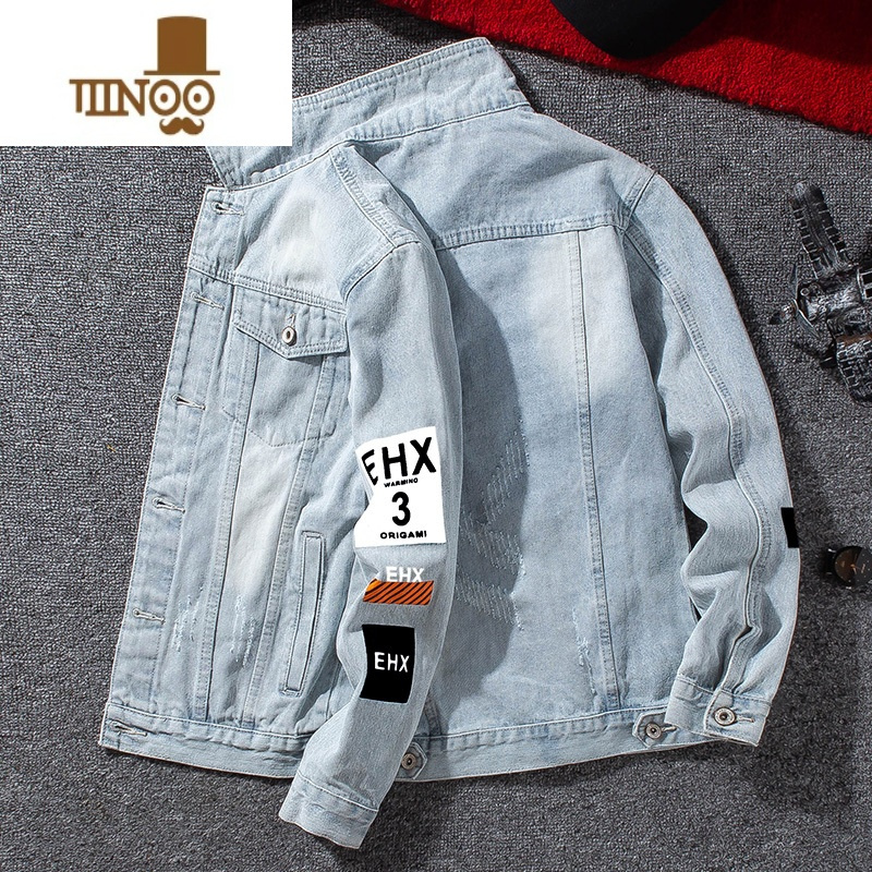 yanxu秋季牛仔夹克男士韩版修身棒球服潮流男装款衣服薄款牛仔外套