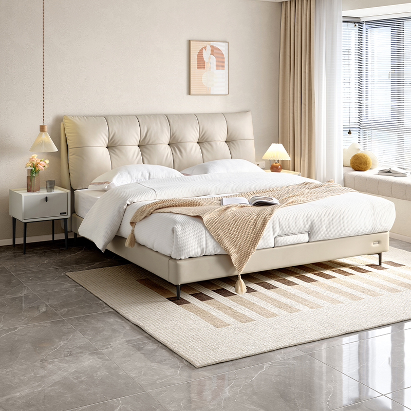 温馨奶油风进口头层牛皮软靠皮床加高衣柜卧室套装高清大图