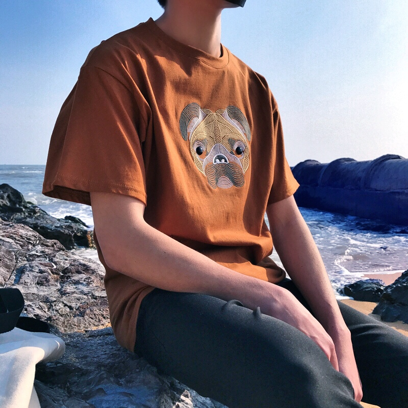 18夏装港风男士大码日系潮牌短袖宽松圆领五分袖时尚百搭绣花T恤