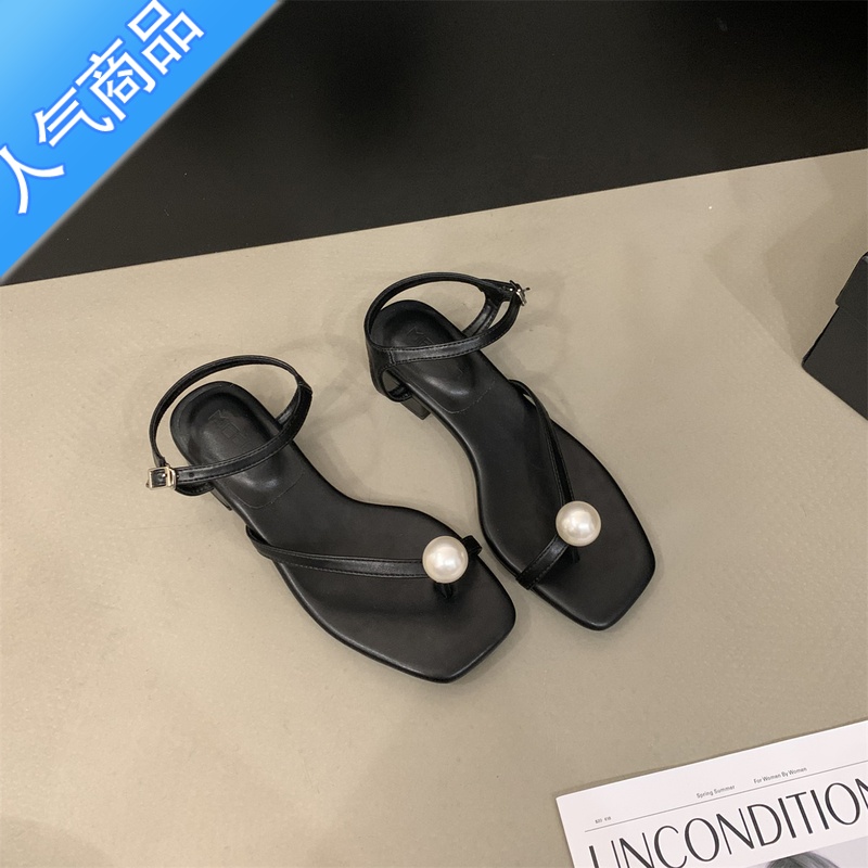 SUNTEK珍珠凉鞋女2023年新款韩版温柔仙女风气质一字扣带法式粗跟罗马鞋高清大图