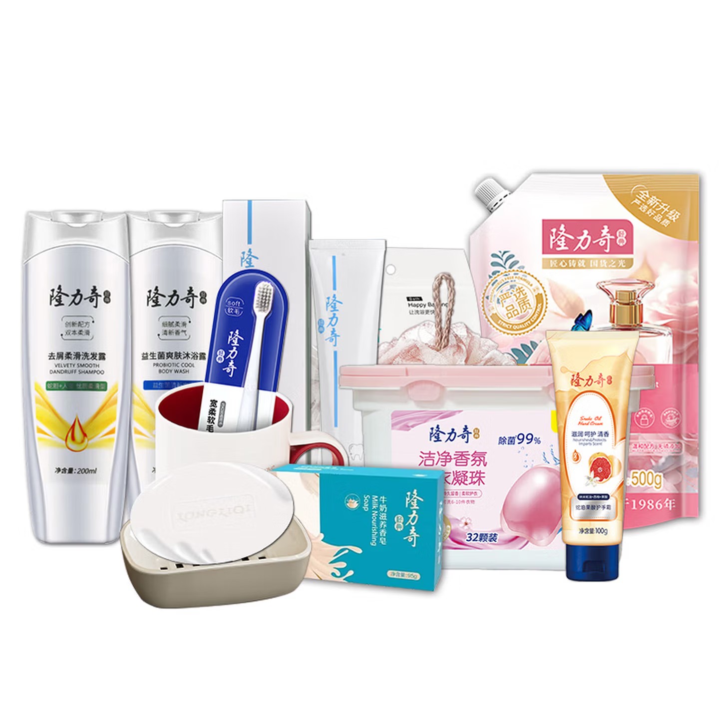 隆力奇 这厢礼了11件套A款 牙膏 牙刷 洗发水 沐浴液 护手霜 洗衣液 香皂 杯子 洗衣凝珠 香皂盒 沐浴球高清大图