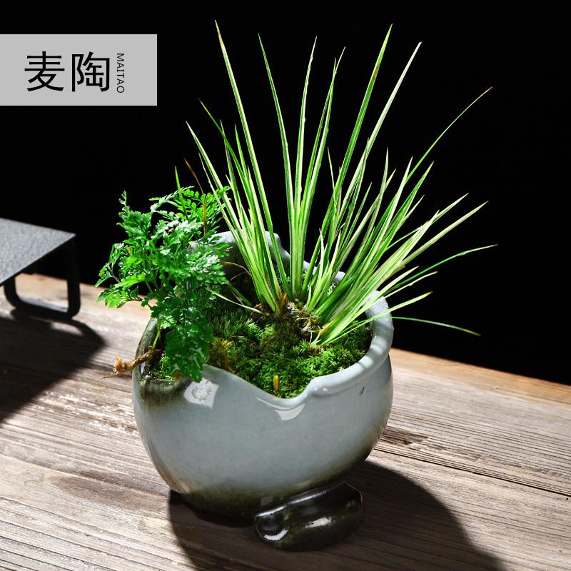 美帮汇创禅意哥窑陶瓷花盆室内家用桌面简约菖蒲袖珍椰子植物装饰品高清大图
