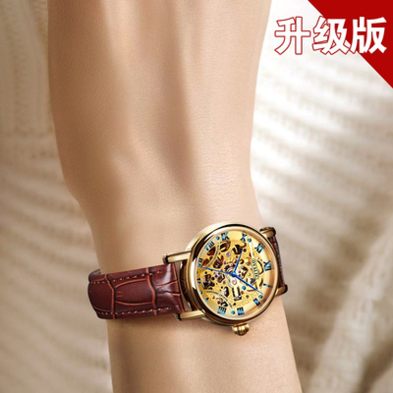 瑞士正品名牌时尚镂空手表男士防水真皮带男金色女表自动机械表同款