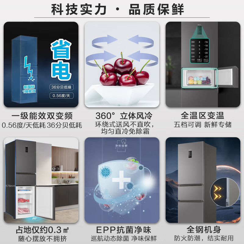 统帅(Leader)海尔出品三开门冰箱218升容量 一级能效风冷无霜变频家用小型超薄BCD-218WGLC3D7S9U1