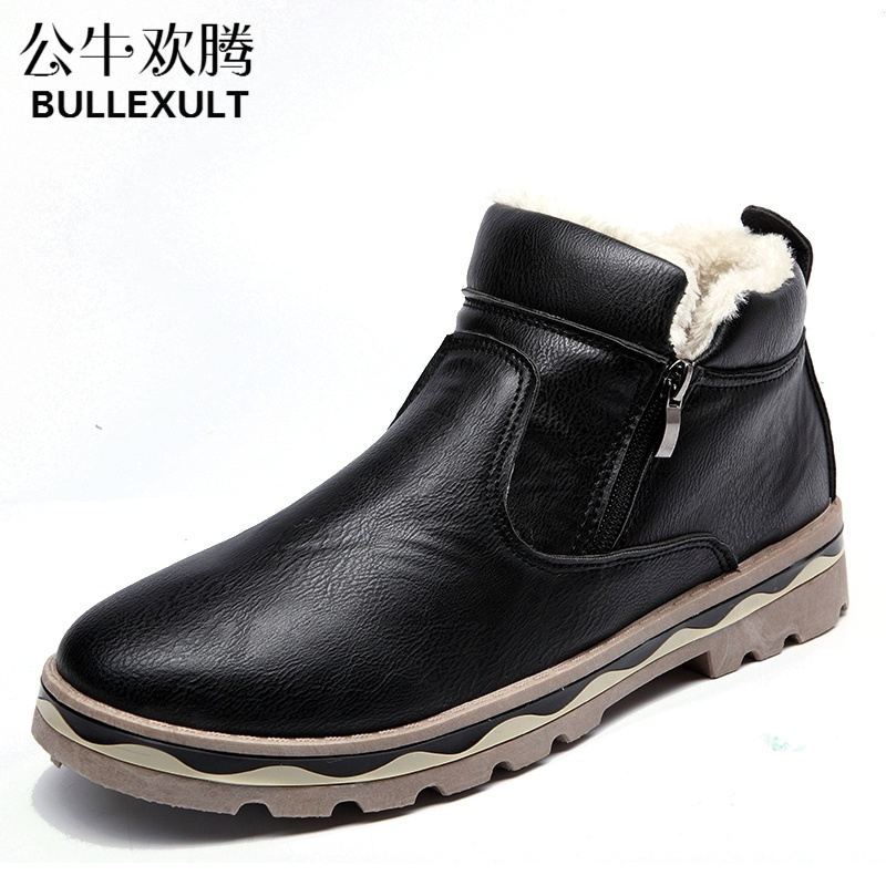 公牛欢腾2019雪地靴男冬季保暖加绒防水防滑皮鞋马丁靴黑色拉链高帮鞋冬天棉鞋