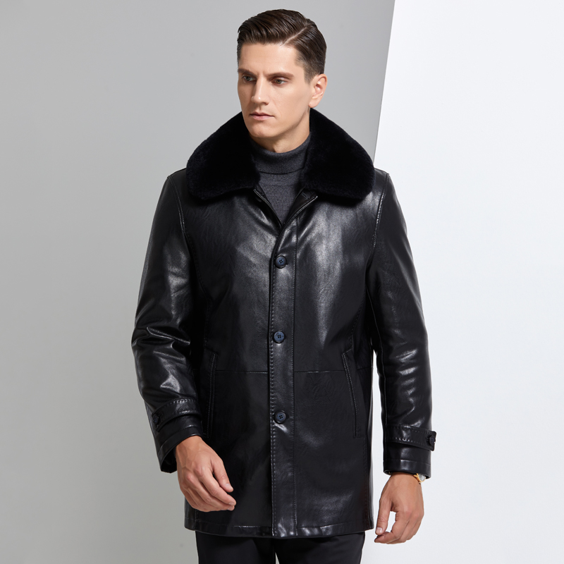 [送礼皮草可拆卸内胆]高端皮草春秋外套海宁真皮派克服男装春秋装中老年防寒男中长款狐狸大毛领貂绒内胆中年爸爸装尼克服大衣男高清大图