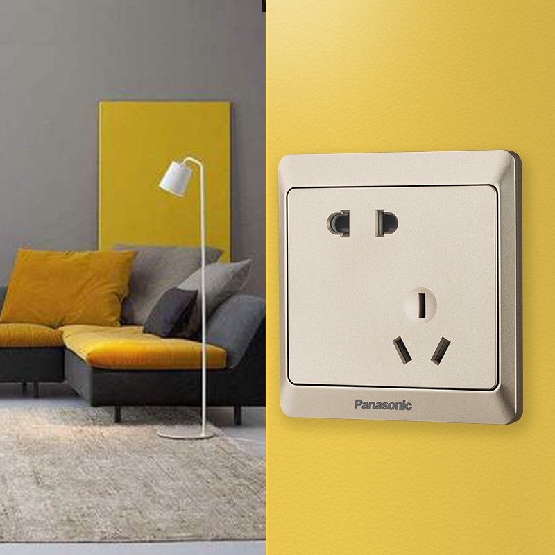 panasonic松下开关插座五孔插座带开关USB插座86型面板一位二联双控大板荧光开关香槟金电源插座适享MWA622高清大图